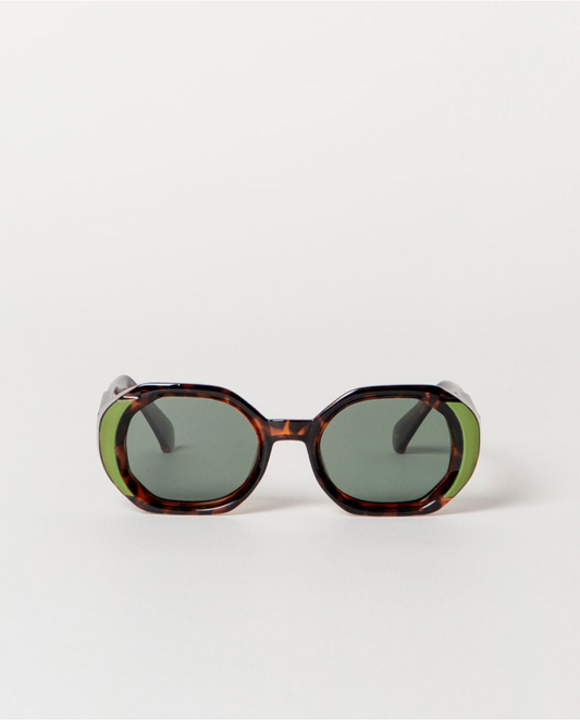 Sunglasses with tortoiseshell frame and green lenses.