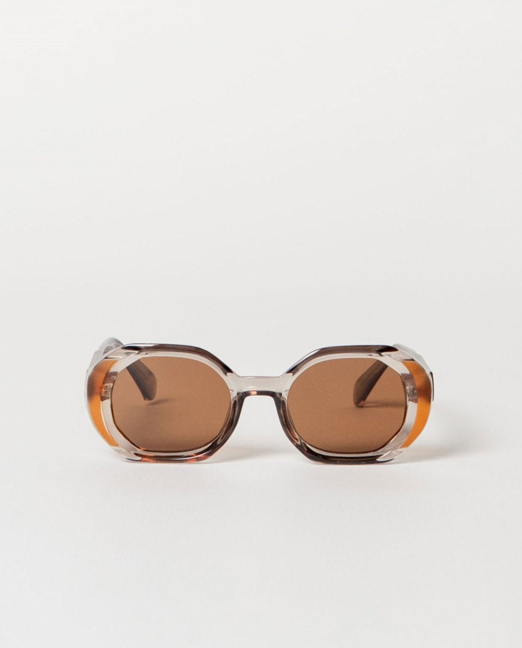 Sunglasses round with brown lens.