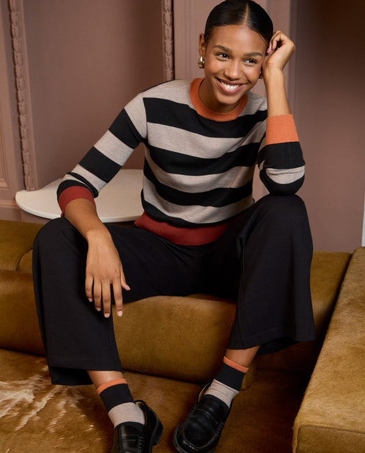 Stripped round-neck sweater Black