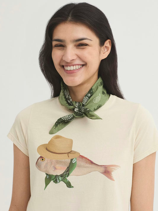 Ecru cotton T-shirt,with a print fish,  wearing a hat and a green bandana, round neck and short sleeves.