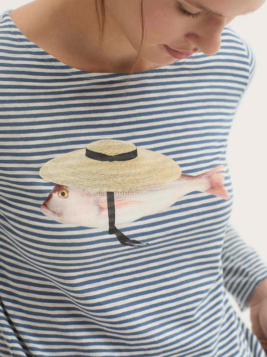 Blue and white cotton striped T-shirt with Fish print wearing a provencal  straw hat, boat neck and long sleeves.