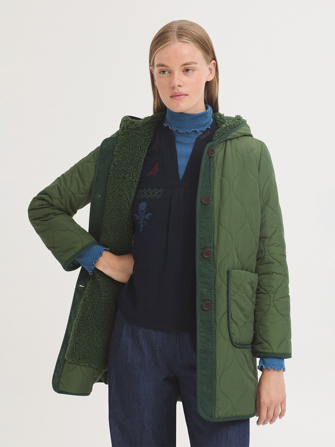 Sheepskin lined hooded trench coat