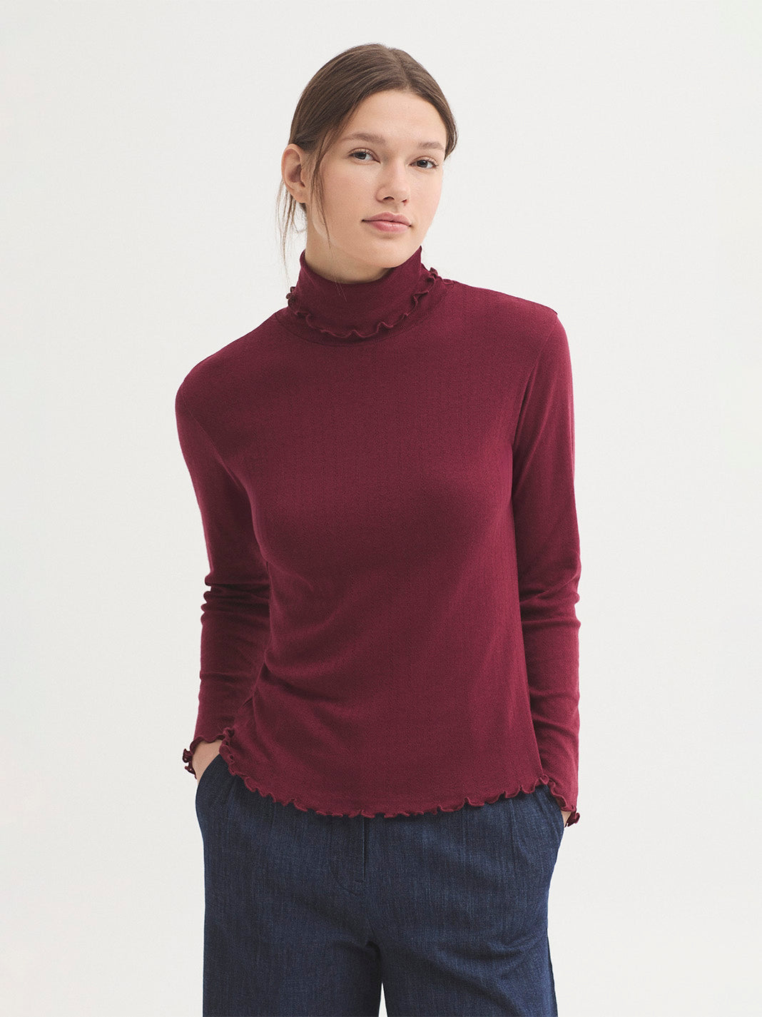 Bordeaux pointelle cotton blend top, with turtleneck and long sleeves, 50% Cotton, 50% Polyester