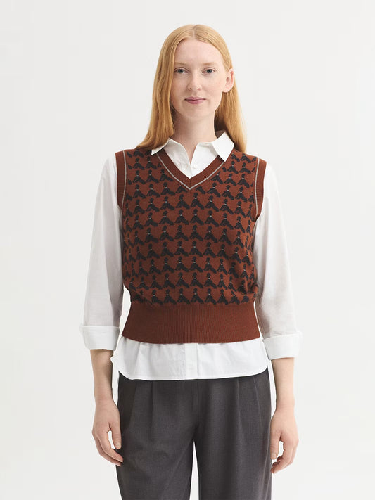 Black poodles jacquard vest in chestnut cotton and wool blend, with V neck and ribbed finish.