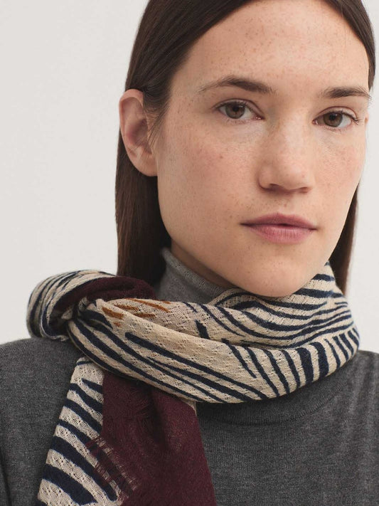 Zebra square printed scarf, in ecru, burgundy, camel, black colors