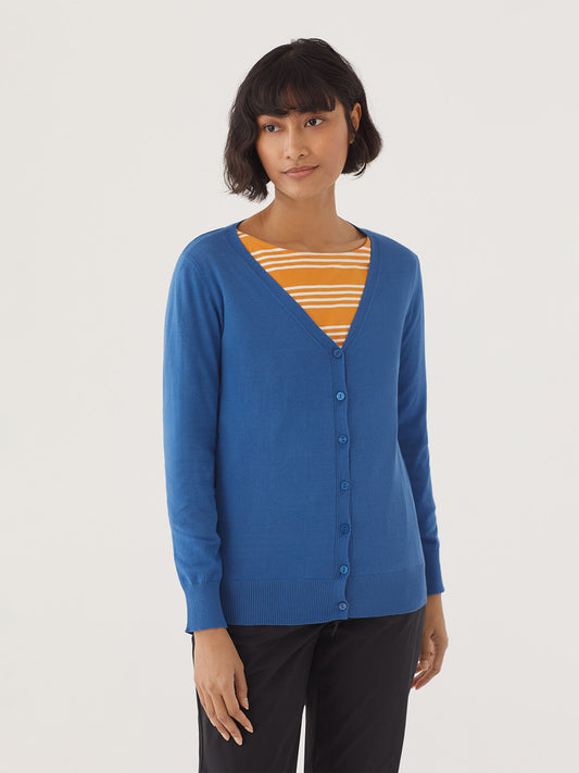Basic, soft blue cardigan with rib knit detail on placket. Front fastening with buttons. Long sleeves. Ribbed trims.  Composition: 100% Cotton