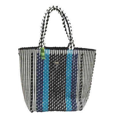 Leyla tote bag  with blue, turquoise, black and white stripes. Interior cotton investment with 1 pocket. Zip closure.   45cm wide x 40 cm tall x 18cm deep.   Composition: 100%  Cotton 
