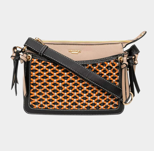 Shoulder beige multipocket bag with braided strand of black and orange colors front investment. 3 interior compartments. Zip cleasure. Front open pocket. Back magnetic cleasure pocket. Adjustable strap.  24cm wide x 19cm high x 8cm deep  Composition: PU