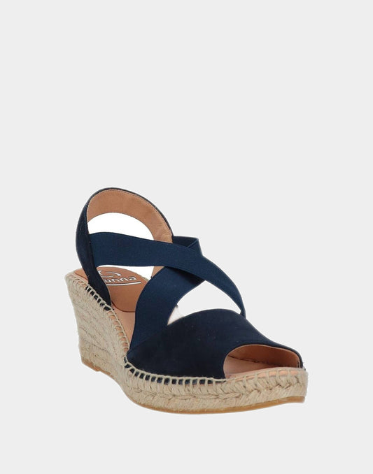 Wedge suede, leather, blue sandals with upper elastic bands. Leather lining. Hand-sewn natural jute sole with natural rubber crepe.  Platform height 2 cm, total heel height 7 cm.